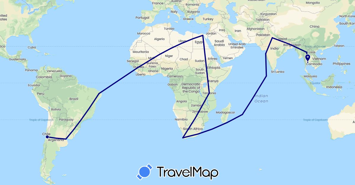 TravelMap itinerary: driving in Argentina, Brazil, Chile, Egypt, India, Mauritius, Maldives, Thailand, Tanzania, South Africa (Africa, Asia, South America)