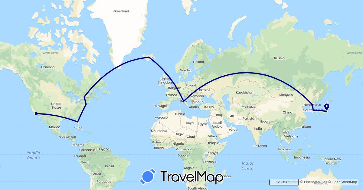TravelMap itinerary: driving in Canada, Iceland, Italy, Japan, North Korea, South Korea, Netherlands, United States (Asia, Europe, North America)